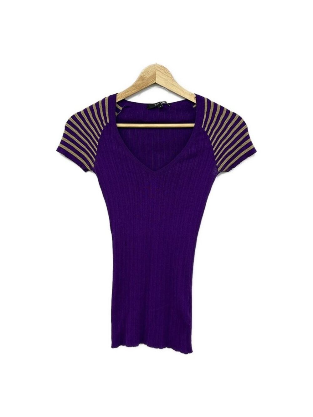 Gucci Short Sleeve Sweater S Purple Gray Beige Gold Neck Lame Border